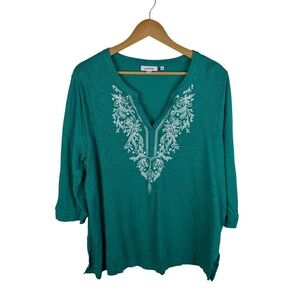 Chicos Linen Embroidered Tunic Top Size 4 XXL Teal Coastal‎ Stretch Comfy Resort